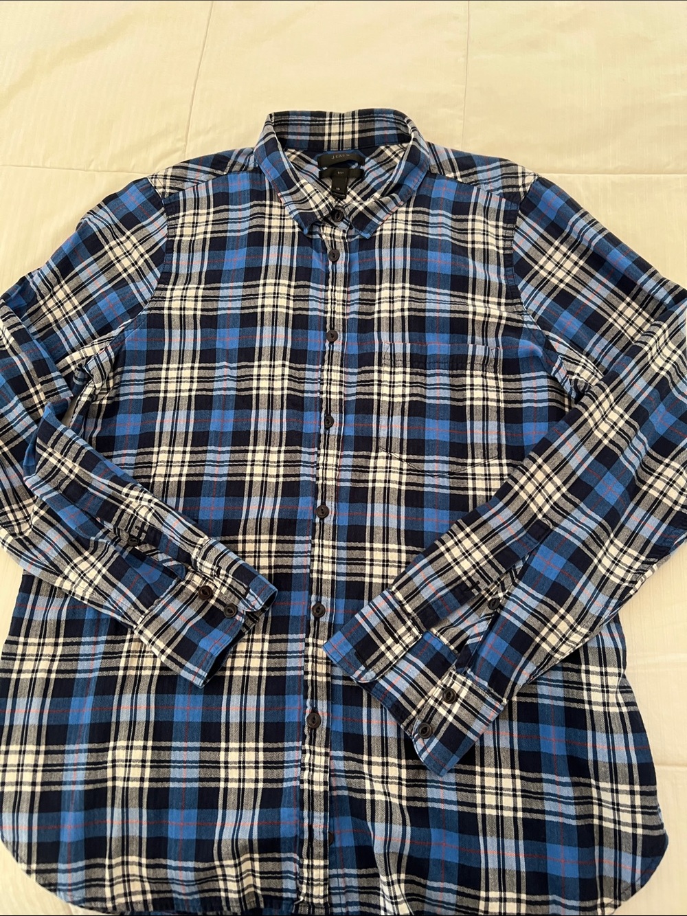 J. Crew Blue and White Plaid Button-Down Soft Flannel Shirt